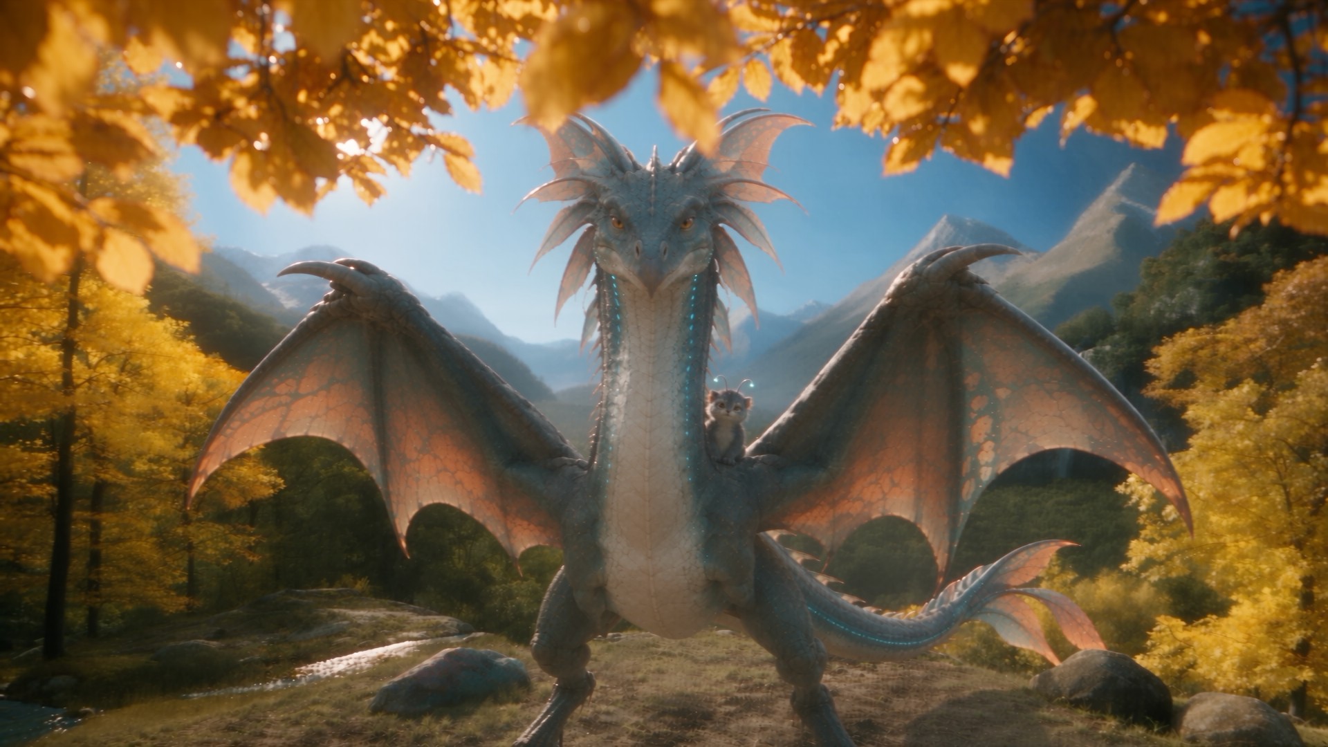 AI-created dragon and companion in a golden woodland