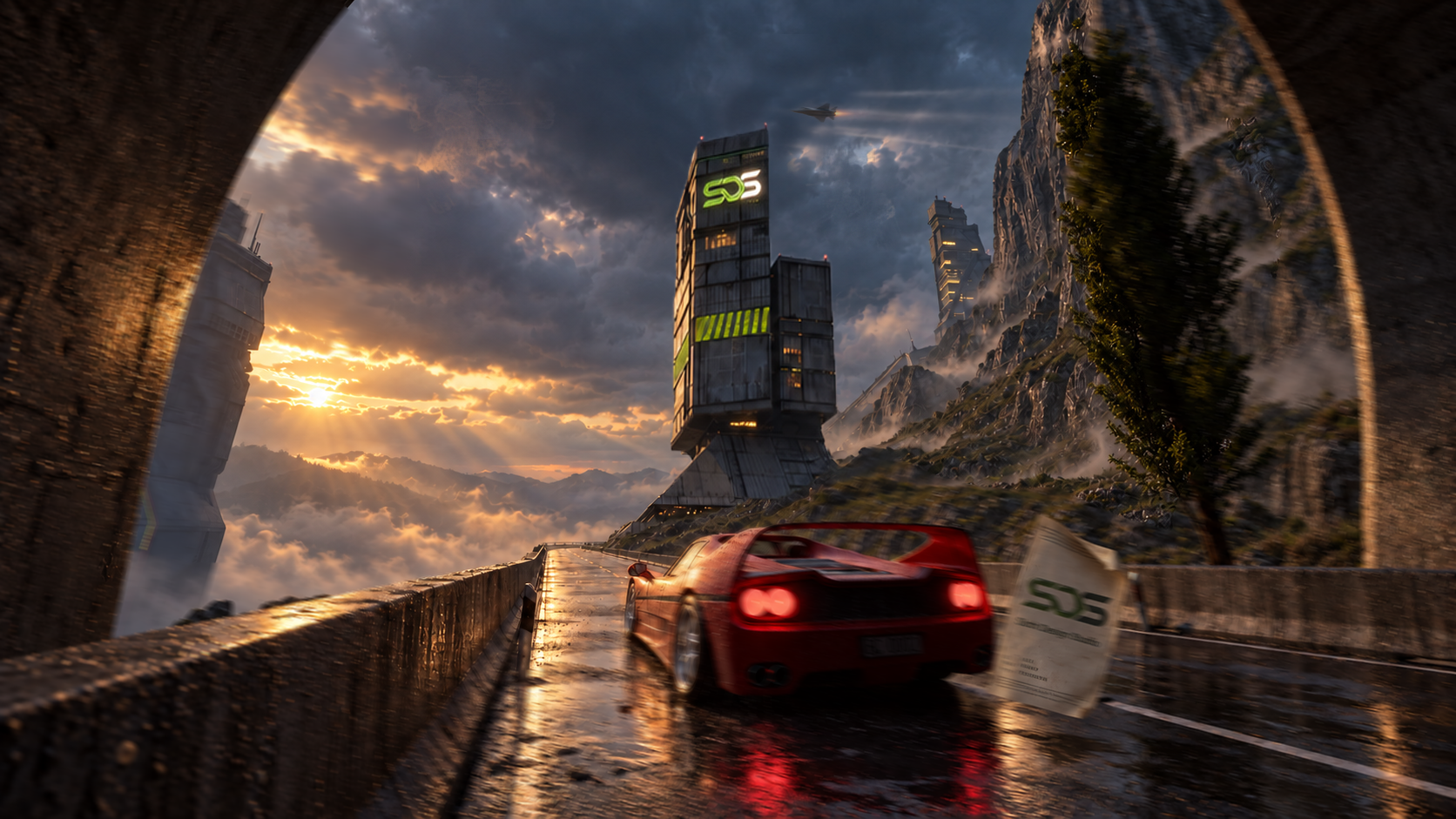 SDS cinematic 3D render of a red sports car on a mountain road beneath a futuristic tower at sunset